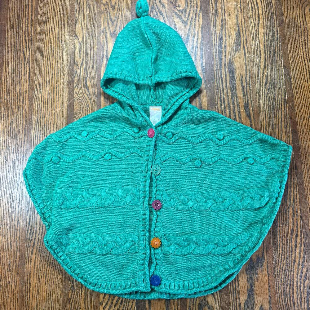 Gymboree Girls 3T Green Knit Hooded Poncho Cape Cable Knit Button Front Cotton